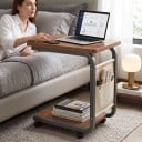 Beistelltisch 63 x 40 cm in C-Form mit seitlichem Aufbewahrungstasche Rolltisch für Laptop am Bett mit unterer Platte und abgerundeten Ecken 13