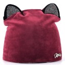 Berretto elegante da donna con orecchie da gatto Pietre scintillanti sulle orecchie Aspetto in velluto Materiale in cotone Circonferenza 3