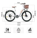 Bicicletă electrică urbană cu cadru step-thru și coș frontal, roți de 26 inci, baterie de 36V 10Ah, motor de 250 W 5