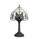 Biela stolná lampa Tiffany s čiernou mačkou, 20 x 36,5 x 11,5 cm, vitrážové sklo a živicová noha, nočná lampička do spálne 2