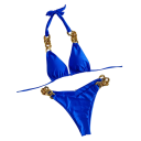 Bikini de mujer de lujo con cadena metálica en los tirantes y laterales. Top triangular y bañador con brillo elegante para el verano. 2