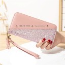 Billetera larga para dama con piedras Parte inferior brillante Cierre con cremallera Asa para muñeca Llavero decorativo Cuero PU 20 x 10 x 6