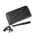 Billetera larga para dama con piedras Parte inferior brillante Cierre con cremallera Asa para muñeca Llavero decorativo Cuero PU 20 x 10 x 8