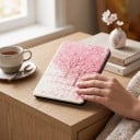 Bílorózsaszín flip tok 6 hüvelykhez a Kindle 10. generációs 2019-hez virágzó cseresznyefákkal és hulló levelekkel, pánttal és fóliával 2