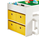 Bílý dětský stůl se dvěma stoličkami 87 x 50 x 50 cm s otočnou deskou na stavebnice úložnou přihrádkou a čtyřmi textilními krabicemi 3