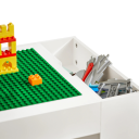 Bílý dětský stůl se dvěma stoličkami 87 x 50 x 50 cm s otočnou deskou na stavebnice úložnou přihrádkou a čtyřmi textilními krabicemi 5