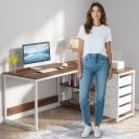 Biurko komputerowe w kształcie L 149 cm Z czterema szufladami i dwiema otwartymi półkami Rogowe biurko na kwadratowych nogach 5