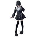 Black and White Dress with Checked Pattern Japanese School Style Lace Ruffles Bow Heart Buttons Elegant Retro Cut with White Collar 2