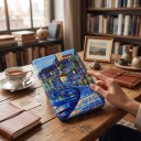 Blauwe flipcase 6 inch voor Kindle 10e generatie 2019 met schilderij van een kustplaats en haven met boten en met een band en folie 2