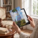Blauwe flipcase 6 inch voor Kindle 10e generatie 2019 met schilderij van een vrouw met een groene parasol op een bloeiend veld en met een band 7