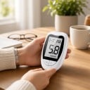 Blodsukkerapparat med 50 teststrimler og 50 lancetter til måling af blodsukker i intervallet 1,1 til 33,3 mmol/l med resultat på 7 sekunder hvid 5
