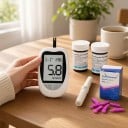 Blodsukkerapparat med 50 teststrimler og 50 lancetter til måling af blodsukker i intervallet 1,1 til 33,3 mmol/l med resultat på 7 sekunder hvid 6