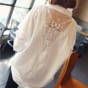 Blouse blanche pour femme, ample, à manches longues avec dentelle transparente dans le dos Col chemise Décolleté en V Polyester avec élasthanne 4