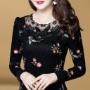 Blouse élégante noire pour femme avec dentelle et appliqué floral coloré Manches longues en dentelle Tulle transparent au niveau du décolleté 1