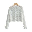 Blouse en dentelle pour femmes à manches longues Dentelle blanche transparente avec motif floral Volants aux manches Col haut Coton et polyester 1