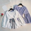 Blouse femme avec décolleté en V plissé et nœud à la taille Manches ballon avec poignet Volant en bas Ceinture rayée Coupe élégante 3