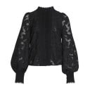 Blouse femme avec manches bouffantes et col montant Tissu à motifs légèrement transparent Boutons perlés et bordures décoratives Coton 2