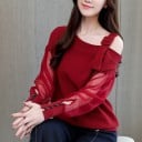 Blouse femme avec une épaule dénudée et bande Manches transparentes amples Poignets étroits avec boutons Mélange de coton et polyester 2