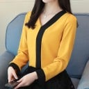Blouse femme bicolore à manches longues Décolleté en V Bande noire contrastante et poignets Sans boutons Pour les réunions formelles 3