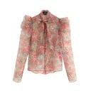 Blouse transparente pour femmes avec imprimé floral coloré Col montant avec lien au cou Épaules bouffantes Manches longues Polyester 1