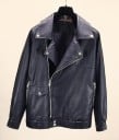 Blouson femme en simili cuir Coupe ample avec épaules abaissées Fermeture éclair en métal asymétrique Col large avec pressions Trois poches 1