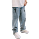 Blugi albaștri pentru bărbați, cu broderie de stele negre, pantaloni drepți, casual, pantaloni lungi cu picior larg, confortabili, stil streetwear 1