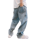 Blugi albaștri pentru bărbați, cu broderie de stele negre, pantaloni drepți, casual, pantaloni lungi cu picior larg, confortabili, stil streetwear 2