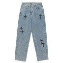 Blugi albaștri pentru bărbați, cu broderie de stele negre, pantaloni drepți, casual, pantaloni lungi cu picior larg, confortabili, stil streetwear 3