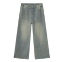 Blugi drepți pentru bărbați cu inel metalic Aspect spălat Pantaloni lungi cu picior larg Blugi eleganți, stil streetwear 5