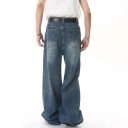 Blugi drepți pentru bărbați cu inel metalic Aspect spălat Pantaloni lungi cu picior larg Blugi eleganți, stil streetwear 2