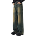 Blugi vintage pentru bărbați, croială lejeră, aspect spălat, croială dreaptă, picioare largi, stil lejer, pantaloni casual retro 5