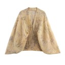 Blusa beige da donna con ampie maniche a kimono, scollatura a V profonda e vita arricciata con stampa disegnata 1