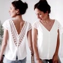 Blusa bianca da donna con maniche corte in pizzo Schiena scoperta con pizzo Scollo a V e bottoni davanti Materiale poliestere e spandex 3
