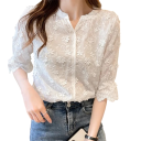 Blusa Bianca da Donna con Scollatura a V Maniche a Tre Quarti Pizzo a Fiori Blusa Elegante in Poliestere e Cotone 2