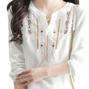 Blusa Bianca da Donna Scollo a V Maniche a Tre Quarti Ornamenti Decorativi Maniche con Bottone Blusa Elegante in Poliestere 2