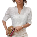 Blusa blanca de encaje para mujer con escote en V, manga corta, cierre de botones, blusa elegante de poliéster para eventos de verano 3