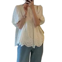 Blusa blanca para mujer con escote redondo, manga tres cuartos, adornos y encaje 6