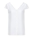 Blusa blanca para mujer con mangas cortas de encaje Espalda escotada con encaje Escote en V y botones en el frente Material: poliéster y spandex 1