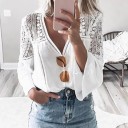 Blusa blanca para mujer con parte superior de encaje y escote profundo en V Mangas largas y sueltas en forma de campana Rayas caladas Poliéster 2