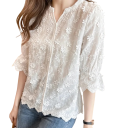 Blusa branca feminina com decote em V, manga três quartos, renda floral, blusa elegante em poliéster e algodão 4