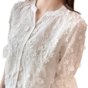 Blusa branca feminina com decote em V, manga três quartos, renda floral, blusa elegante em poliéster e algodão 5
