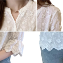Blusa branca feminina com decote em V, manga três quartos, renda floral, blusa elegante em poliéster e algodão 6