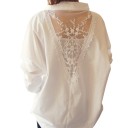 Blusa branca feminina solta com mangas longas e renda transparente nas costas Colarinho de camisa Decote em V Poliéster com spandex 2