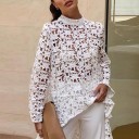 Blusa branca perfurada para senhora com mangas longas e gola alta Corte assimétrico com parte de trás alongada Poliéster Para bailes e festas 2