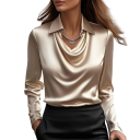 Blusa brillante para mujer con escote en V, manga larga, cuello, blusa de color sólido de poliéster para el trabajo y la noche 12