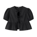 Blusa corta de mujer con lazos. Top fruncido con volantes y mangas abullonadas. Estilo romántico. Blusa de verano de talle bajo y escote. 1