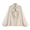 Blusa da donna a pois con maniche lunghe a palloncino e fiocco al collo con arricciatura sul retro e struttura di tessuto trasparente 4