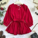 Blusa da donna con fiocco in vita e bottoni davanti Maniche ampie con polsini arricciati Parte inferiore svasata Scollo a V Poliestere e cotone 2