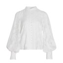 Blusa da donna con maniche gonfie e colletto leggermente trasparente Tessuto a fantasia Bottoni perlacei e bordi decorativi Cotone 1