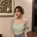 Blusa da donna con maniche trasparenti e volants Corpo aderente a coste con scollatura a cuore Poliestere e cotone 4